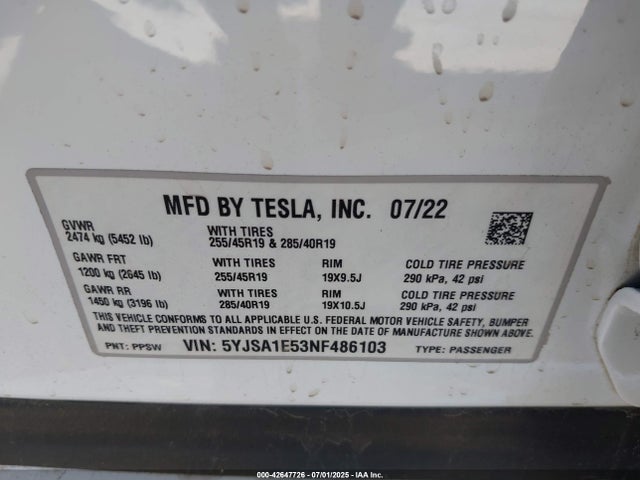 2022 TESLA MODEL S 5YJSA1E53NF486103 Photo 8