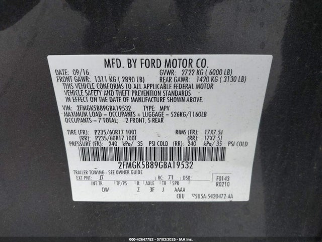 Ford 2016 2016 2FMGK5B89GBA19532 Image 9