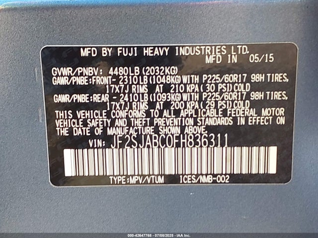 JF2SJABC0FH836311 Subaru 2.5na u5