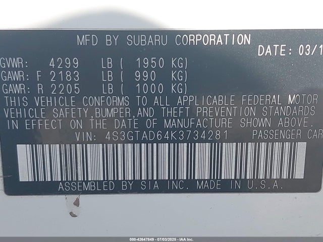Subaru 2019 2019 4S3GTAD64K3734281 Image 9