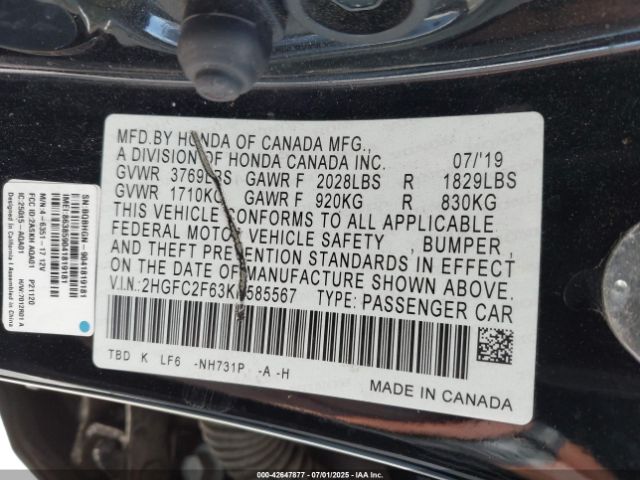 2019 HONDA CIVIC 2HGFC2F63KH585567 Photo 8