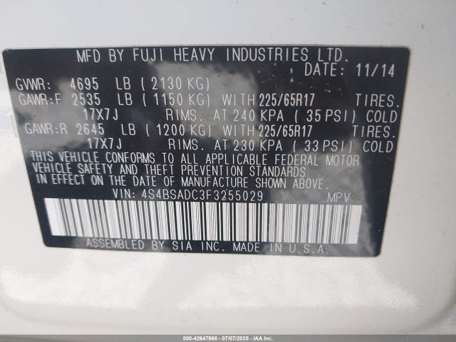 Subaru 2.5l u5 2015 4S4BSADC3F3255029 Image 9
