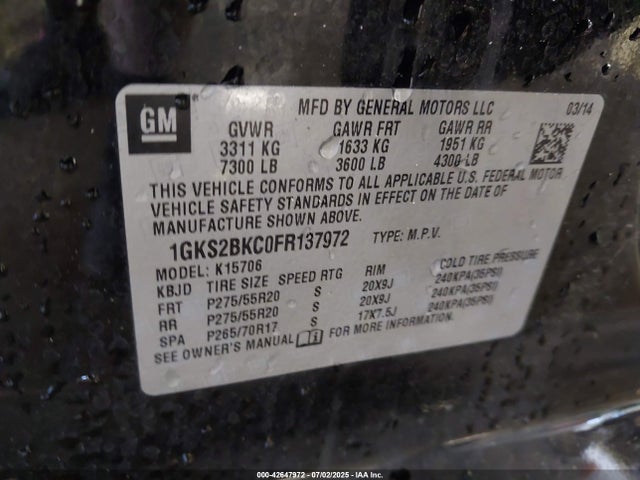 1GKS2BKC0FR137972 GMC l83 - vvt, active fuel management, aluminum