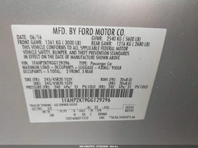 1FAHP2KT9GG129296 Ford 2016