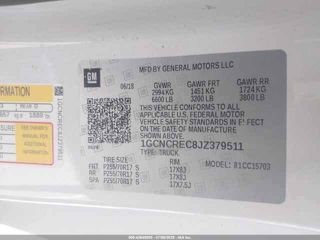 1GCNCREC8JZ379511 Chevrolet l83 - sidi: spark ignited direct injection, vvt: variable valve timing, afm, e85 max, alum