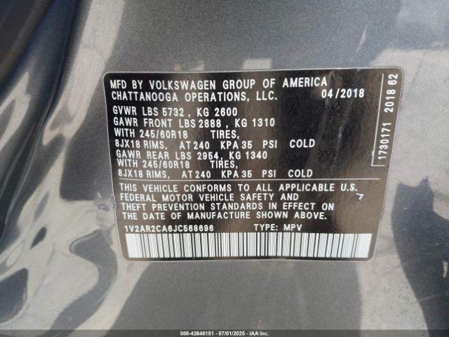 2018 VOLKSWAGEN ATLAS 1V2AR2CA6JC568696 Photo 8