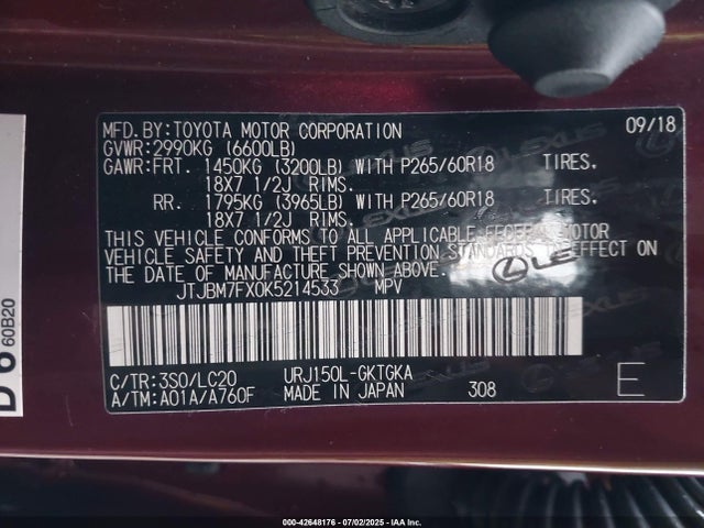 Lexus 1ur-fe 2019 JTJBM7FX0K5214533 Image 9