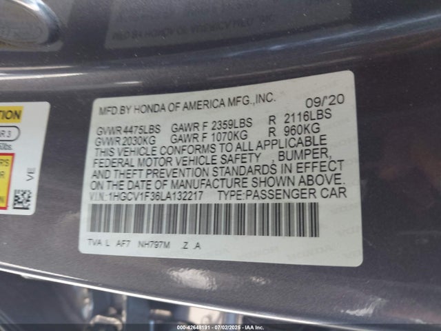 1HGCV1F36LA132217 Honda l15be