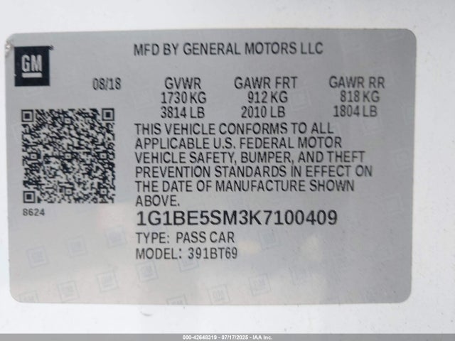 42648319 :رقم المزاد ، 1G1BE5SM3K7100409 vin ، 2019 Chevrolet Cruze Lt مزاد بيع
