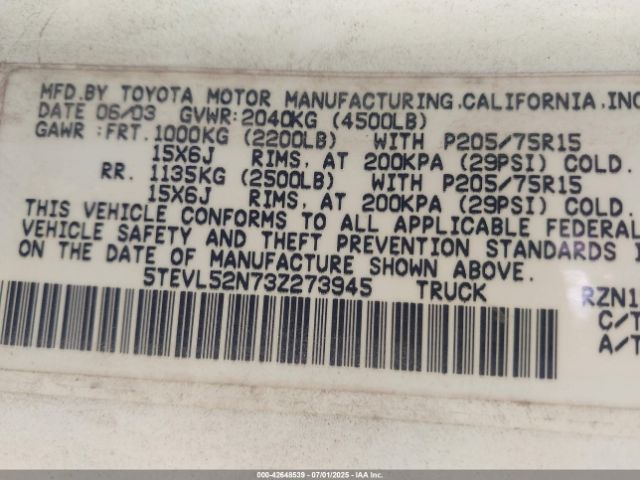 2003 TOYOTA TACOMA 5TEVL52N73Z273945 Photo 8