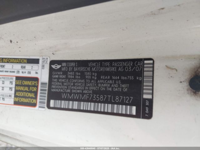 2007 MINI COOPER S WMWMF73587TL87127 Photo 8