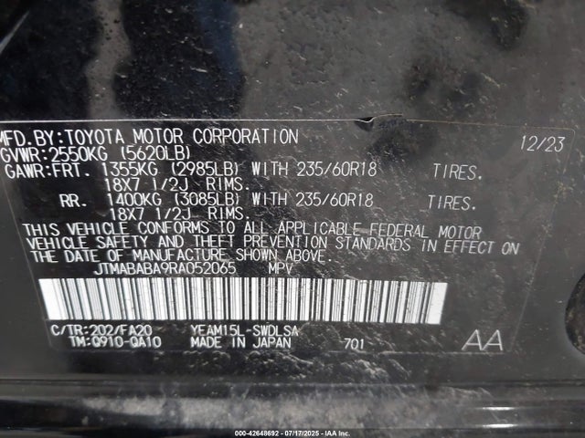 JTMABABA9RA052065 Subaru 1ym motor