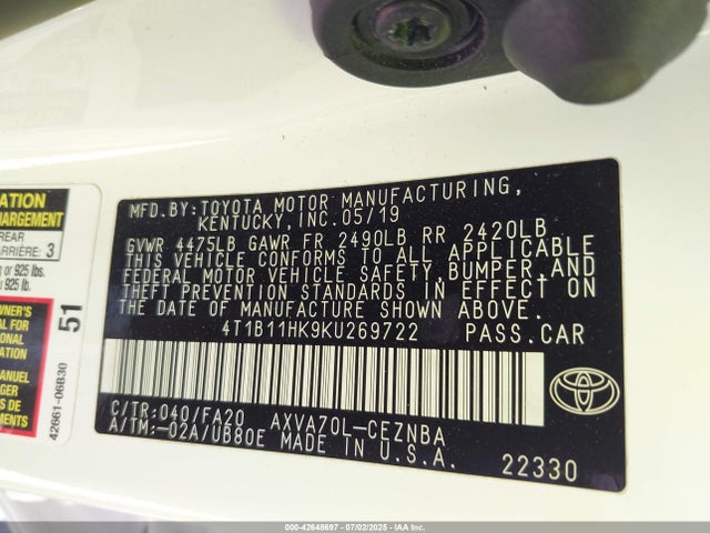 4T1B11HK9KU269722 Toyota a25a-fks
