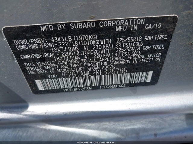 Subaru naturally aspirated 2019 JF2GTAMC2KH325769 Image 9
