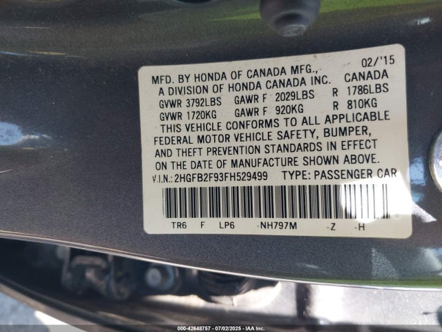 Honda r18z1 2015 2HGFB2F93FH529499 Image 9