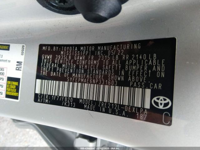 2022 TOYOTA COROLLA 5YFEPMAE6NP331603 Photo 8