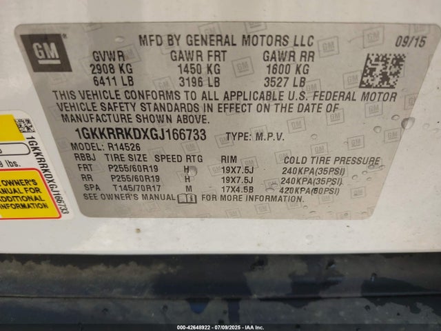 1GKKRRKDXGJ166733 GMC llt - sidi, alum, 60 degrees