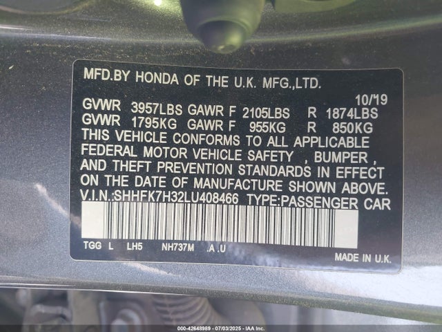 SHHFK7H32LU408466 Honda l15ba