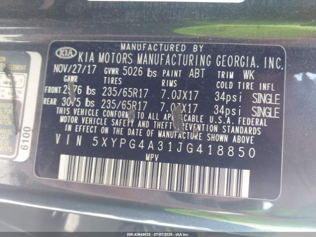2018 KIA SORENTO 5XYPG4A31JG418850 Photo 8