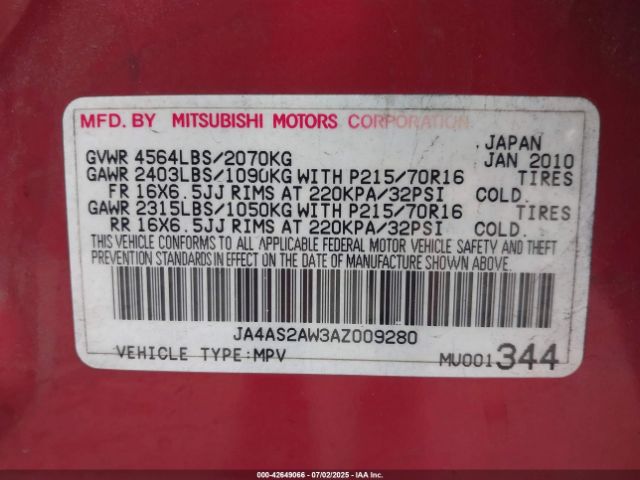 2010 MITSUBISHI OUTLANDER JA4AS2AW3AZ009280 Photo 8