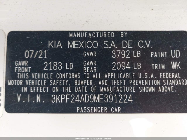 KIA mpi nu 2021 3KPF24AD9ME391224 Image 9