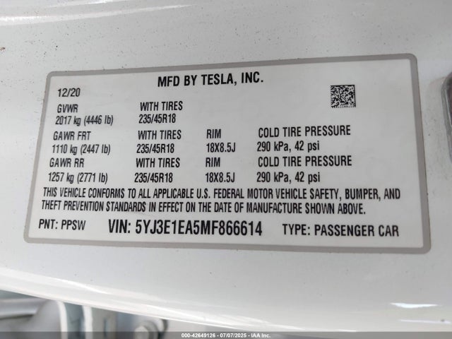 2021 TESLA MODEL 3 5YJ3E1EA5MF866614 Photo 8