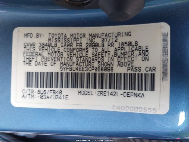 2012 TOYOTA COROLLA 5YFBU4EE3CP068098 Photo 8