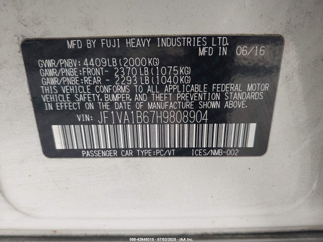 JF1VA1B67H9808904 Subaru dib