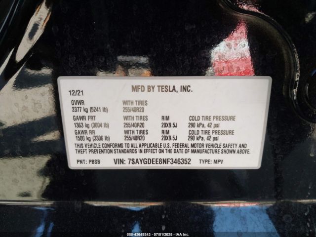 2022 TESLA MODEL Y 7SAYGDEE8NF346352 Photo 8