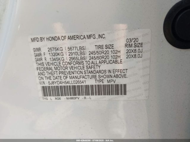 2020 ACURA MDX 5J8YD4H54LL026541 Photo 8