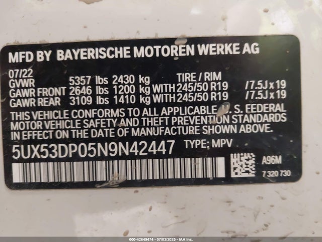 5UX53DP05N9N42447 BMW X3