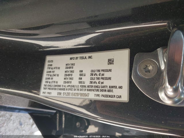 2025 TESLA MODEL 3 5YJ3E1EA2SF980647 Photo 8
