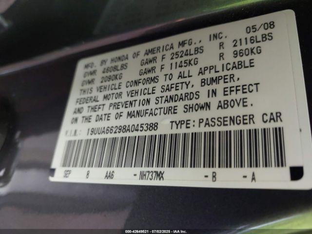 2008 ACURA TL 19UUA66298A045388 Photo 8