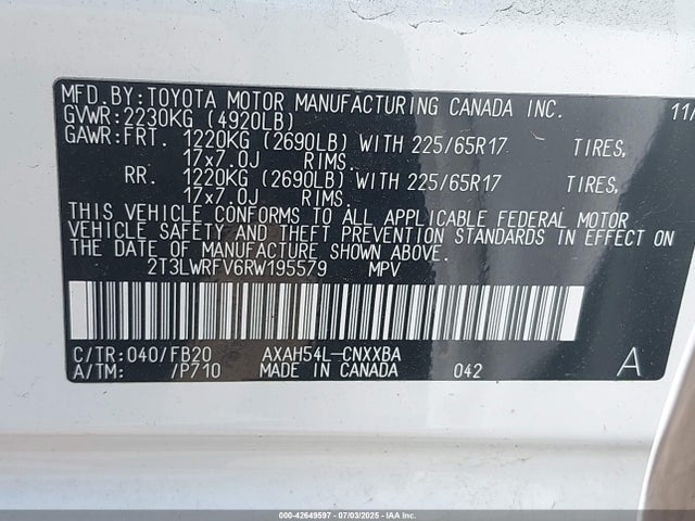 2T3LWRFV6RW195579 Toyota a25a-fxs