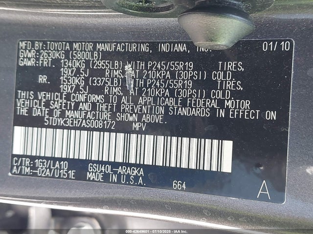 Продаж на аукціоні авто 2010 Toyota Highlander Limited V6, vin: 5TDYK3EH7AS008172, номер лоту: 42649601