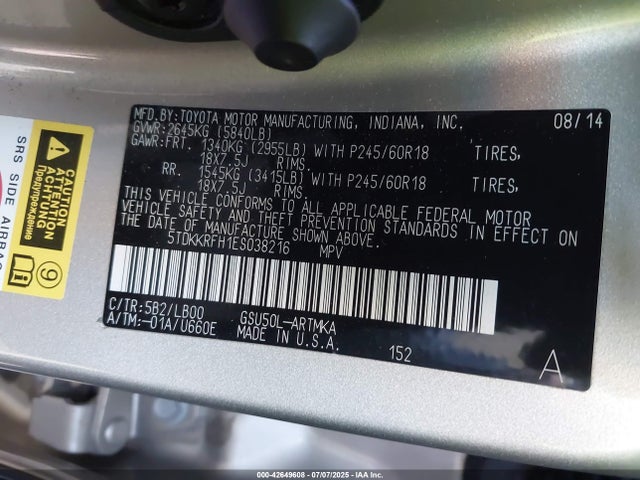 5TDKKRFH1ES038216 Toyota 2gr-fe