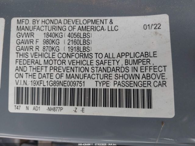 2022 HONDA CIVIC 19XFL1G89NE009751 Photo 8