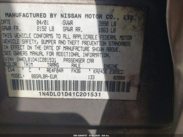 2001 NISSAN ALTIMA 1N4DL01D41C201531 Photo 8
