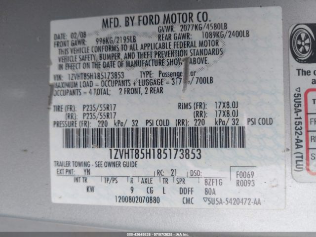 2008 FORD MUSTANG 1ZVHT85H185173853 Photo 8