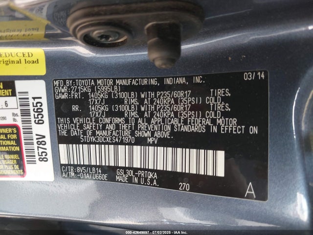5TDYK3DCXES471970 Toyota 2gr-fks