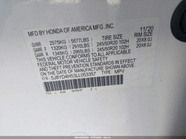 2020 ACURA MDX 5J8YD4H53LL053357 Photo 8