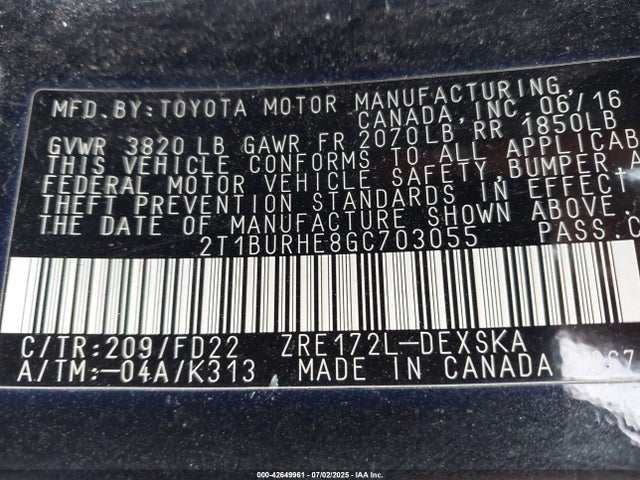 2T1BURHE8GC703055 Toyota 2zr-fe