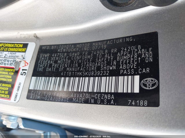 4T1B11HK5KU839232 Toyota a25a-fks