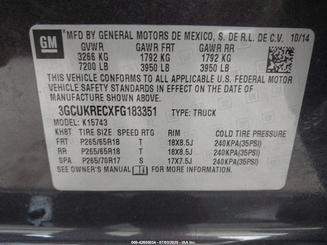 3GCUKRECXFG183351 Chevrolet l83 - vvt, active fuel management, aluminum