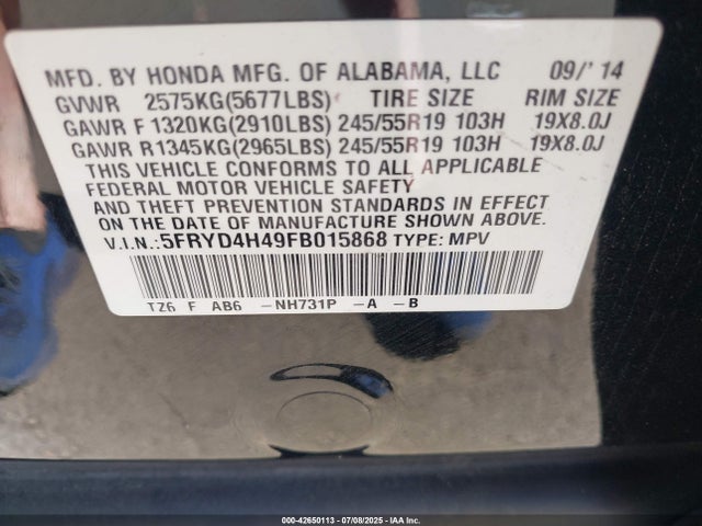 Acura j35y5 2015 5FRYD4H49FB015868 Image 9