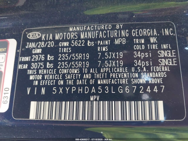 5XYPHDA53LG672447 KIA gdi lambda-ii