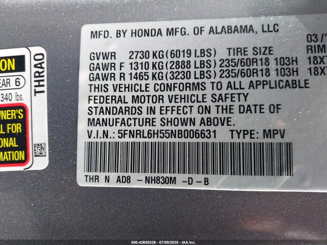 5FNRL6H55NB006631 Honda j35y7