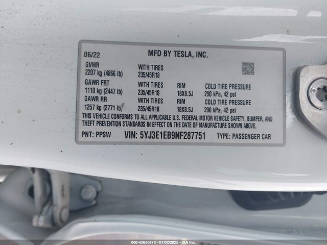 2022 TESLA MODEL 3 5YJ3E1EB9NF287751 Photo 8