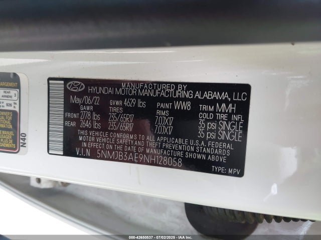 5NMJB3AE9NH128058 Hyundai gdi theta iii