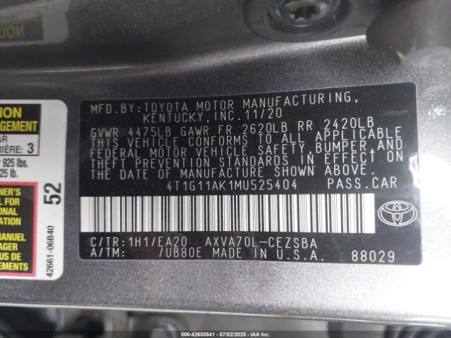 2021 TOYOTA CAMRY 4T1G11AK1MU525404 Photo 8